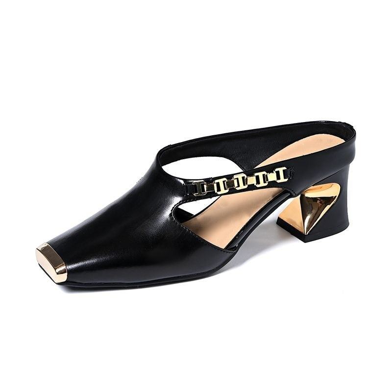 Damen Casual Metall Quadratische Zehe Mittlerer Blockabsatz Mules