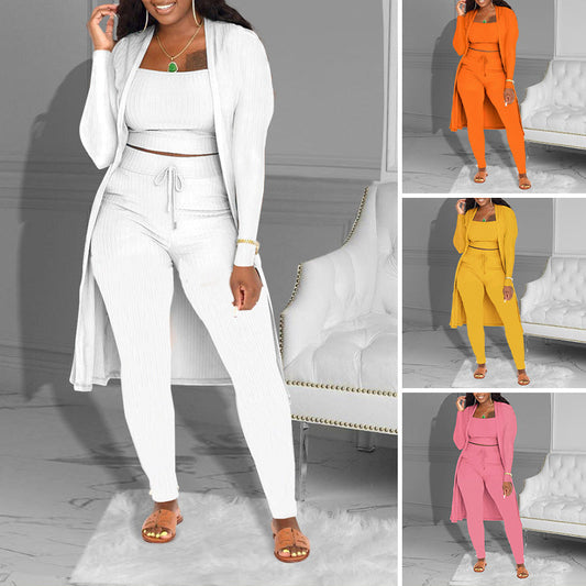 💎 Lässiges 3-teiliges Strick-Set – Kurzes Oberteil, langer Cardigan und eng anliegende Hose | Weich, dehnbar und trendy 🧶