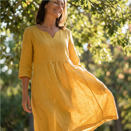 Lässiges Kleid mit V-Ausschnitt aus Baumwolle und Leinen – 3/4-Ärmel, mit seitlichem Reißverschluss 👗