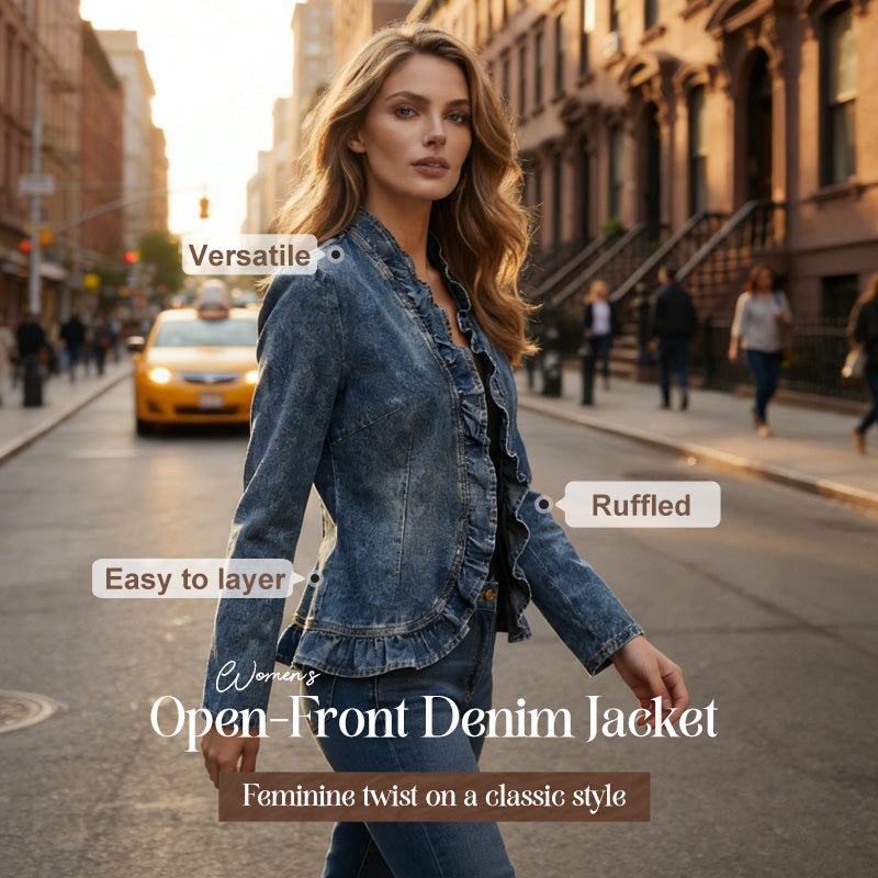 🧥 NUR FÜR BEGRENZTE ZEIT: 50 % RABATT! ✨ Damen-Jeansjacke – vorne offen, mit Rüschenbesatz, leicht, klassische Waschung ✨
