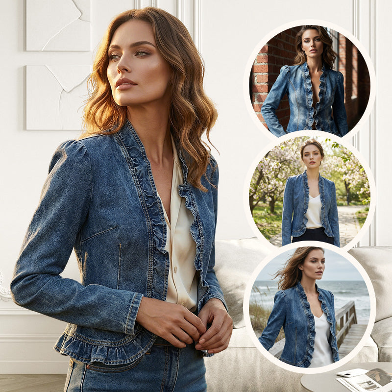 🧥 NUR FÜR BEGRENZTE ZEIT: 50 % RABATT! ✨ Damen-Jeansjacke – vorne offen, mit Rüschenbesatz, leicht, klassische Waschung ✨