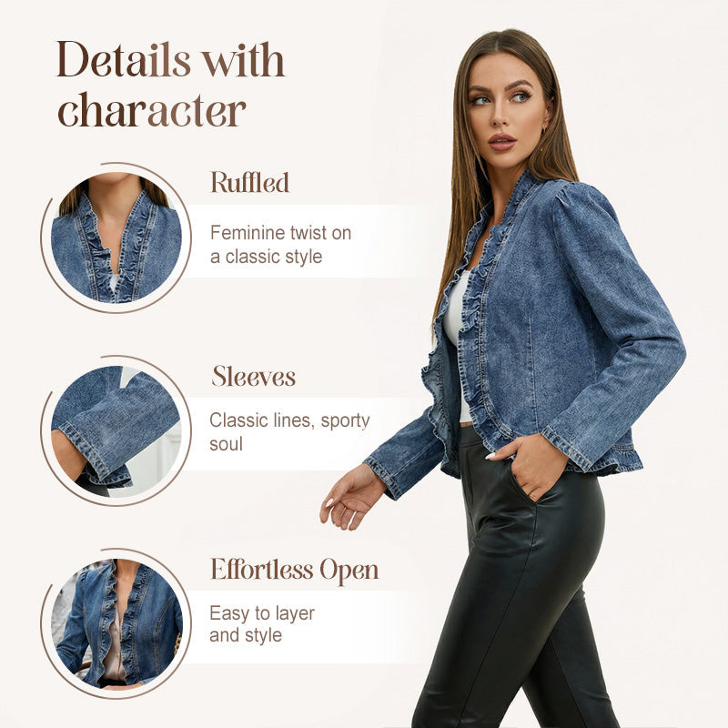 🧥 NUR FÜR BEGRENZTE ZEIT: 50 % RABATT! ✨ Damen-Jeansjacke – vorne offen, mit Rüschenbesatz, leicht, klassische Waschung ✨