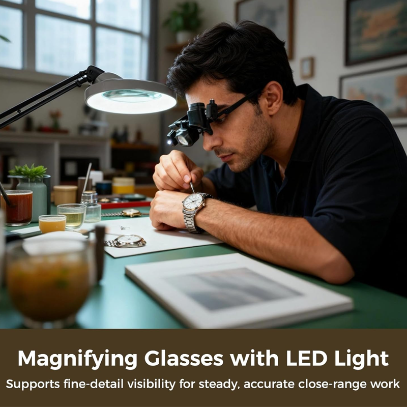 🔬✨ Präzisions-LED-Lupenbrille – austauschbare Gläser, zwei LEDs, freihändig 💡