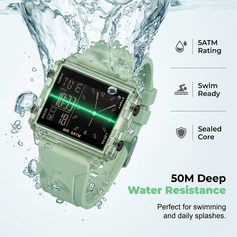 ⏳Zeitlich begrenztes Sonderangebot⏰ Wasserdichte, transparente Digitaluhr – 50 m wasserdicht, leuchtendes Display, Hybridanzeige ✨