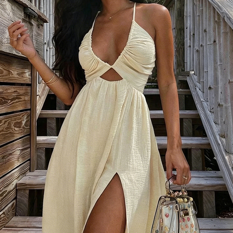 👗 NUR FÜR BEGRENZTE ZEIT: 50 % RABATT! ✨ Sexy Sommer-Maxikleid für Damen mit V-Ausschnitt – tiefer V-Ausschnitt, Ausschnitt vorne, hoher Schlitz, rückenfrei ☀️