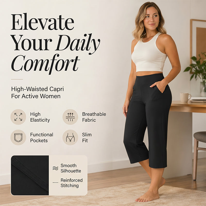 Damen-Hose mit hoher Taille, aus Stretchstoff und in verkürzter Länge