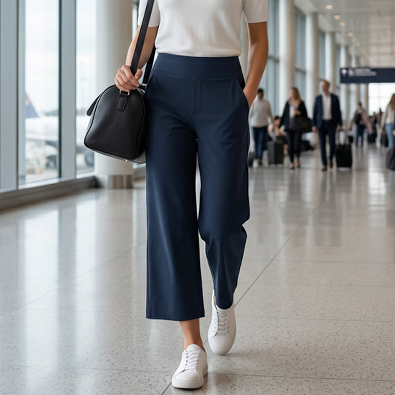 Damen-Hose mit hoher Taille, aus Stretchstoff und in verkürzter Länge