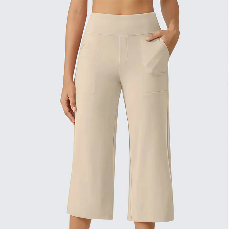 Damen-Hose mit hoher Taille, aus Stretchstoff und in verkürzter Länge