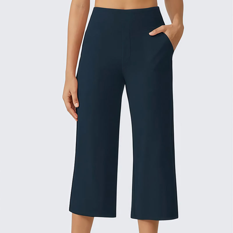 Damen-Hose mit hoher Taille, aus Stretchstoff und in verkürzter Länge