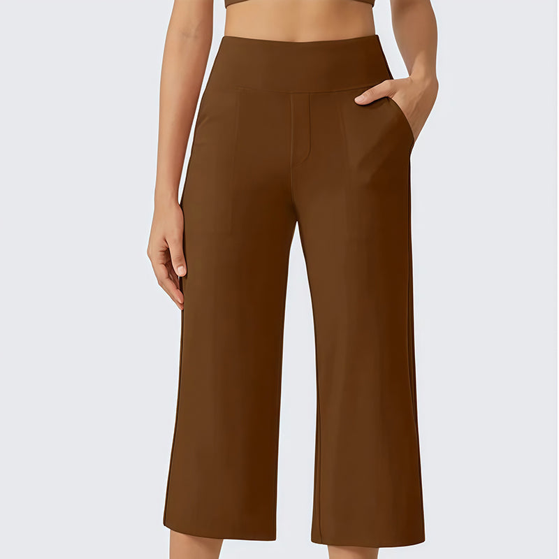 Damen-Hose mit hoher Taille, aus Stretchstoff und in verkürzter Länge