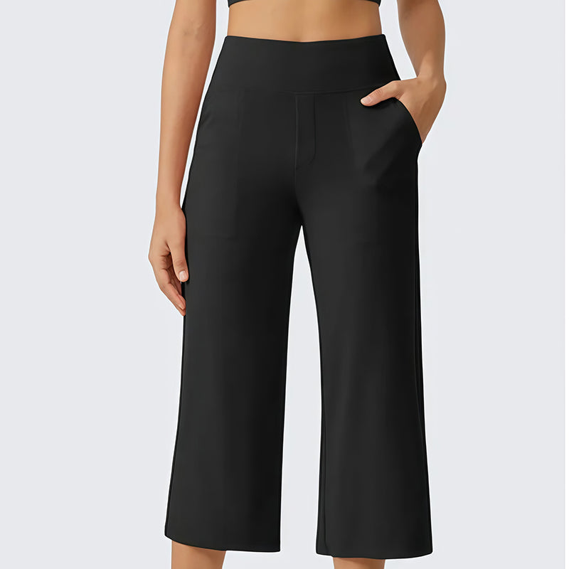 Damen-Hose mit hoher Taille, aus Stretchstoff und in verkürzter Länge